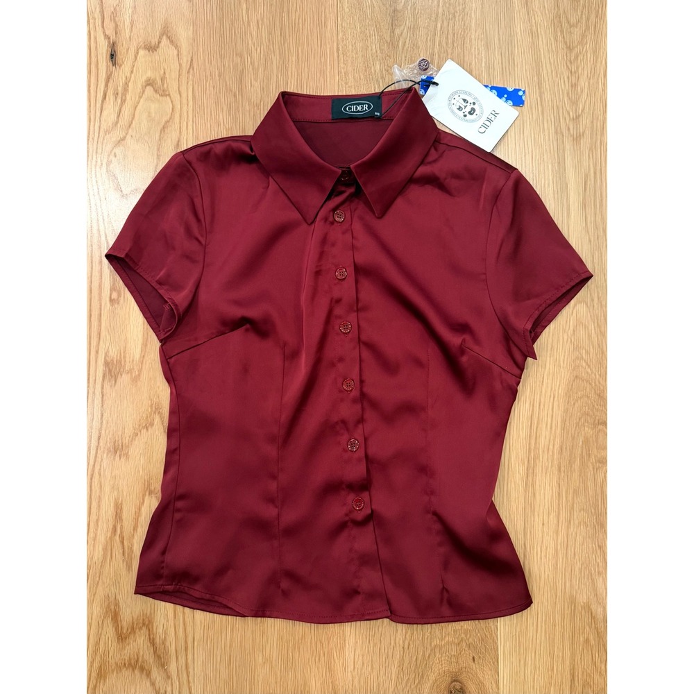 NWT Cider Satin Collar Short Sleeve Shirt Wine XS - Office Work